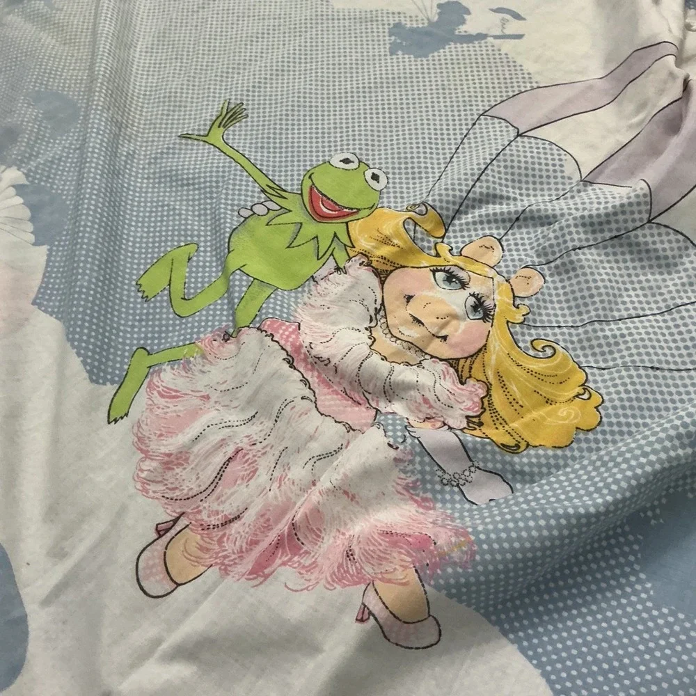Vintage Muppet Babies Twin Fitted Flat Sheet Kermit Miss Piggy 1980s Blue Set